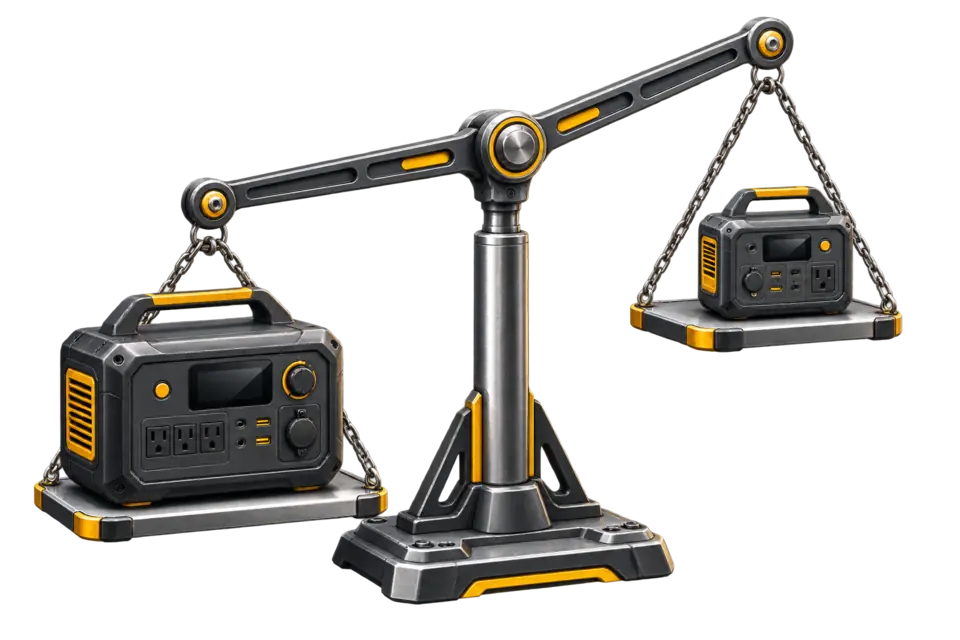 A comparison scale weighing two different-size portable power stations